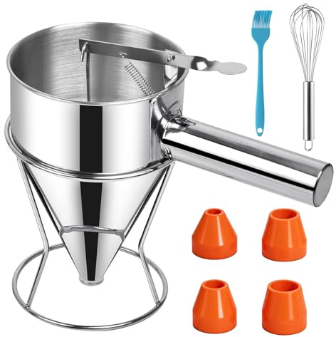 Entonnoir A Piston Distributeur de Pâte à Crêpes en Acier Inoxydable + Batteur D'oeufs + Brosse en Silicone pour Gâteaux Crêpes