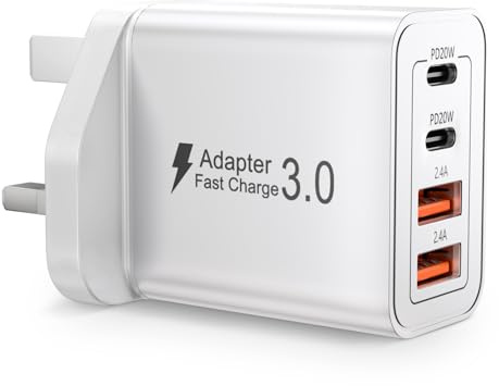 UK USB C Plug，40W 4-Port USB C Wall Fast Charger Plug with Dual PD Power Adapter+QC,TUV Certified Safe，Multiport Mains Type C Charging Plug for iPhone,Samsung,iPad,Watch,Macbook,Charger Head