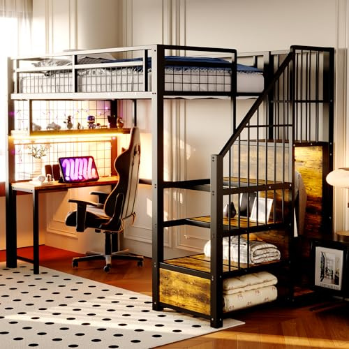 Merax Metall-Hochbett 90x200 cm mit Schreibtisch, Regalen und Gitterwand, Hochbett mit LED-Lichtleiste und Steckdosen, Stauraumtreppe mit Kleiderschrank, platzsparendes, Schwarz (ohne Matratze)