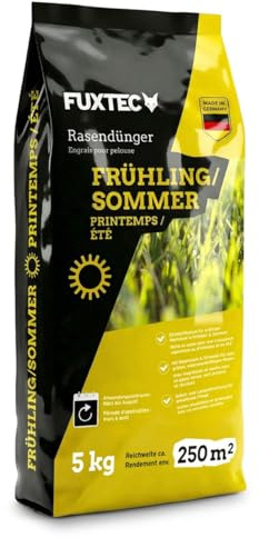 FUXTEC Abono césped primavera verano FX-RDFS5 • 5 kg hasta 125 m² • Favorece crecimiento denso y verde intenso • Liberación controlada • Ideal para mantenimiento estacional