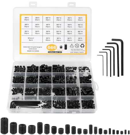 EXLECO Juego de tornillos prisioneros 666, M2, M3, M4, M5, M6, M8, de acero al carbono, hexágono interior, surtido de tornillos de cabeza hexagonal con llave, tornillo Allen para tiradores de puerta