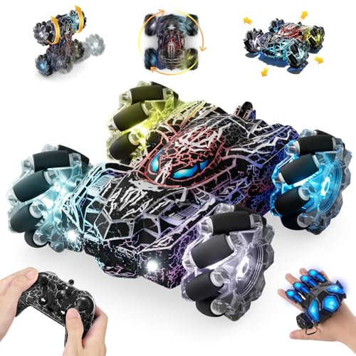Spider Coche Teledirigido con Reconocimiento de Gestos a Partir de 4 5 6 7 8 9 10 11 12 años, Coches RC Doble Cara con Iluminación Completa, 2,4 GHz Stunt Remote Control Car Recargable (Negro)