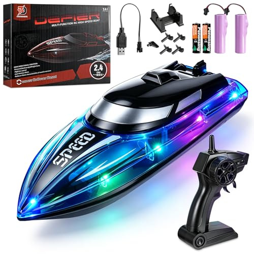 Auniq Barca Telecomandata per Bambini Adulti, 2,4 GHz Barca RC con luci RGB, Alta velocità 20 km/h Doppia elica Motoscafo Elettrico Autoraddrizzante Motoscafo Radiocomandato per Piscine e Laghi