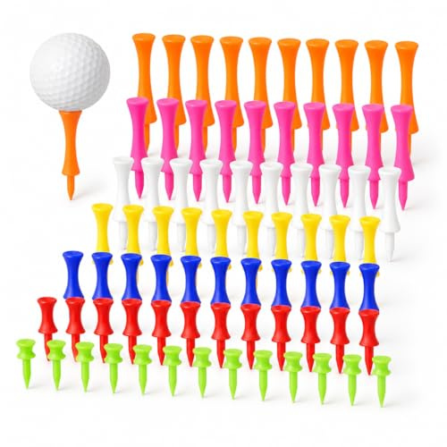 Parspetil 70 Pcs Castle Golf Tees Plastic,7 Assorted Sizes Step Tees Set (5 mm to 70 mm), Multi-Coloured Prong Tees for Driving Range Practice and Course Play