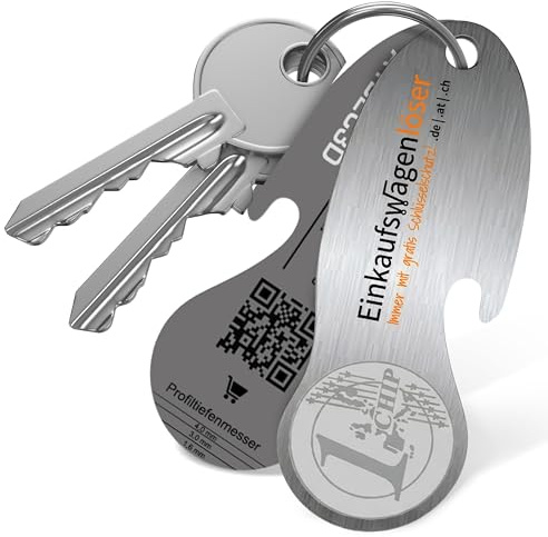 Einkaufswagenlöser Münze Silber (1Stk.) – funktionaler Schlüsselanhänger mit Einkaufswagenchip, Flaschenöffner & Profiltiefenmesser – hochwertiger Einkaufschip mit Fundservice