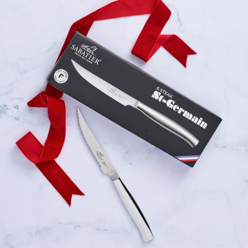 SABATIER – 6er-Set ST-Germain-Steakmesser, 100% geschmiedet – 11 cm – gezackte Klinge und Griff aus Edelstahl – perfekt zum effizienten Schneiden von gekochtem Fleisch, oh