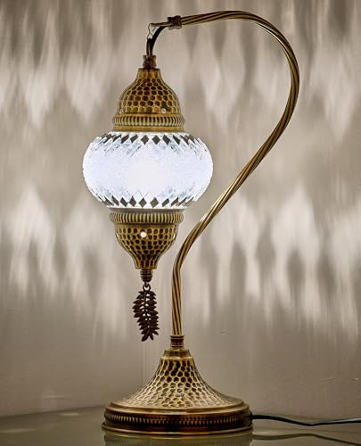 DEMMEX Autentisk turkisk marockansk mosaiklampa – handgjord i Turkiet – bord/nattlampa med mosaik glasglob och hamrad metallkropp, glödlampa ingår, 38 cm, unik gåva (vit-svart)