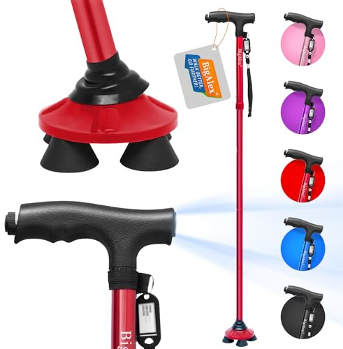 BigAlex Folding Walking Cane with LED Light,Pivoting Quad Base,Adjustable Walking Stick with Carrying Bag for Man/Woman (Alloy Base)