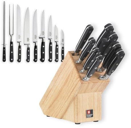 Richardson Sheffield V SABATIER Bloc à Couteaux avec 10 Couteaux tranchants en Acier Chrome-molybdène Vanadium Massif avec Trou en Bois Massif et Beau Design