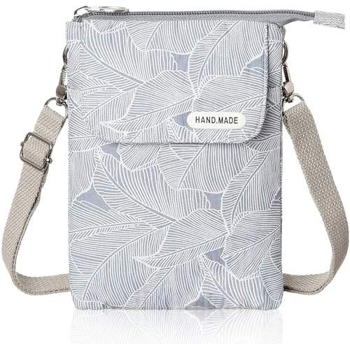 KXF Canvas Cell Phone Purse Wallet Freshing Elegant Leaf Pattern Small Crossbody Bag Lightweight Shoulder Bag Cellphone Pouch with Adjustable Strap for Women Girls