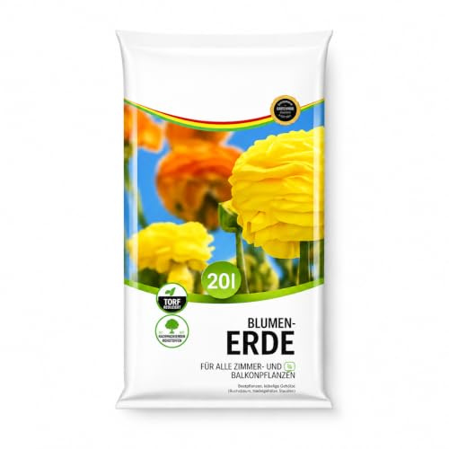 Blumenerde 20L – Universalerde für Zimmerpflanzen, Balkonpflanzen & Gartenpflanzen – Garten Erde torfreduziert – mit Grüngutkompost – Pflanzenerde hohe Wasserspeicherkapazität & HLKauf-Block