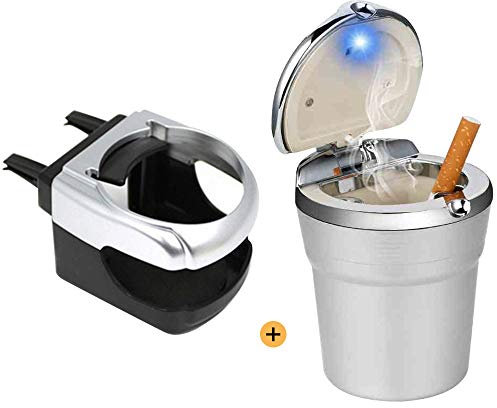 Kitchen-Dream Auto Aschenbecher Mit Entlüftungshalter, Tragbar Mit Deckel und LED, Abnehmbar für Reisen, Cup Holder für Getränke und Telefon (Silber)