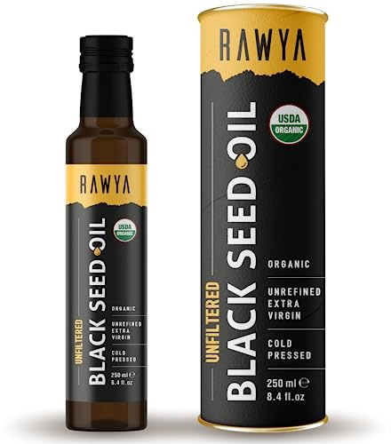 Olio di semi neri, biologico, non filtrato, 250 ml, RAWYA, spremuto a freddo, bottiglia di vetro, olio di Nigella Sativa, olio di semi di cumino nero, noto anche come olio di Kalonji, olio di Nigella