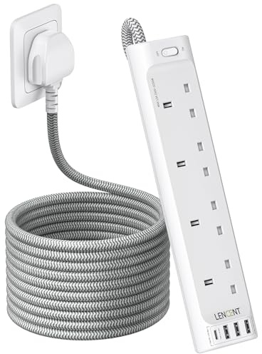 LENCENT 3M Extension Lead with 1 USB-C＆3 USB Slots,3250W 13A | 4 Way Outlets Power Strip, Multi Power Plug Extension Socket with Braided Extension Cord for Home Office