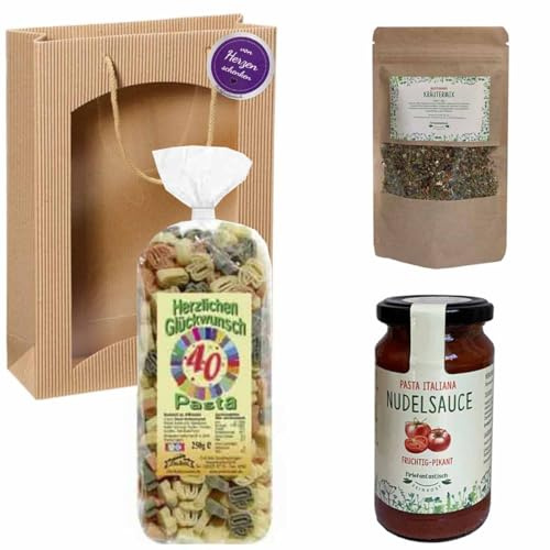Feinkost-Set 40. Geburtstag mit Nudeln, Sauce, Gewürze // Nudeln als 40, Sauce, Gewürze
