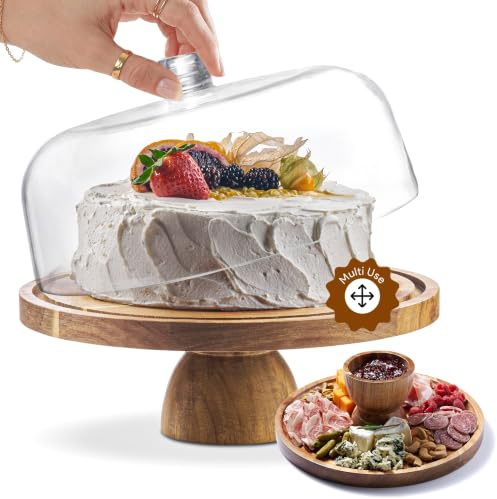 HOMESPHERE Acacia Wood Cake Stand with Lid - Cake Stand with Dome,12in Round Cake Holder, 2-in-1 Dessert Table Display Set & Charcuterie Board for Cheese, Chips & Dips, Fruit Platter, Large Acrylic Cake Dome Cover
