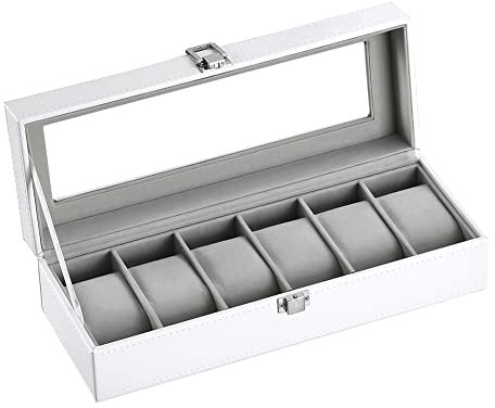 Scatola Porta Orologi con 6 Scomparti, Custodia per Orologi con Coperchio in Vetro, Fodera in Velluto, Cuscinetti, Serratura, Scatole Portagioie Uomo Donna Regali, 30 x 11,2 x 8 cm (Weiß-W04W)