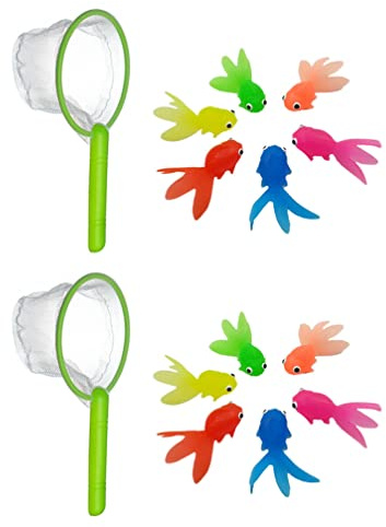 Toyvian Kids Fishing Game Set: 12Pcs Soft Rubber Goldfish Model with 2 Fishing Nets, Floating Fish Bath Toys Set for Kids' Water Summer Swimming Pool Bathtub Shower Games
