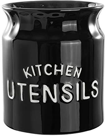Karisky Kitchen Utensil Holder, Large Farmhouse Utensil Holder for Countertop, Decorative Ceramic Cooking Utensil Crock Holder for Kitchen Counter, 14 x 16 cm, Black