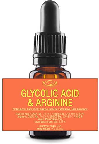 ACIDE GLYCOLIQUE - 65% avec L-ARGININE - 9,9% - Complexe Peeling Visage - Liquide - Solution Peeling Visage Professionnelle pour Exfoliation Douce, Éclat de la Peau - 14 g
