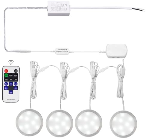 AIBOO Linkable Under Cabinet LED Lighting 12V Slim Aluminum Dimmable Puck Lights Direct Wired with RF Remote Control for Kitchen Lighting(4pack, Daylight White)