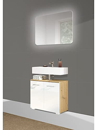 Lomadox Waschplatz Set mit LED Spiegel in Artisan Eiche Nb. mit weiß Hochglanz lackiert, B/H/T ca. 80/187/32 cm