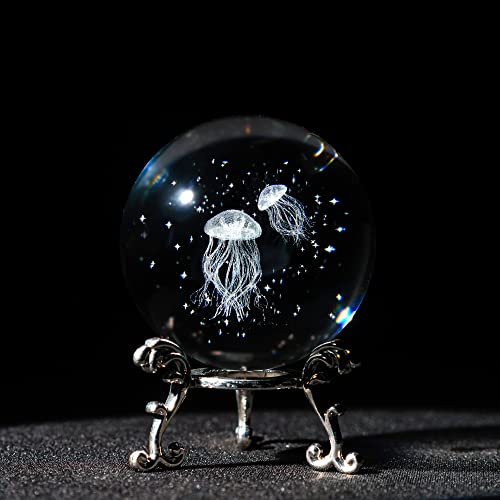 HDCRYSTALGIFTS 3D Laser Engraved Jellyfish with Star Ocean -2.3inch (60mm) Crystal Decorative Ball Figurine Glass Full Sphere with Silver-Plated Stand Home Art Decoration