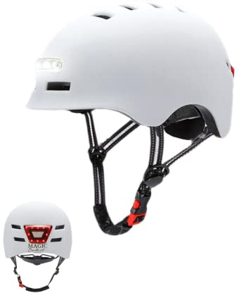 Casco de Ciclismo con Luz Trasera Roja + Luz LED Frontal Blanca. Casco de MTB, Bicicleta, Patinete. Casco Redondo Scooter con Forro Desmontable, Carcasa de PC + EPS, 14 Respiraderos y Cable USB.