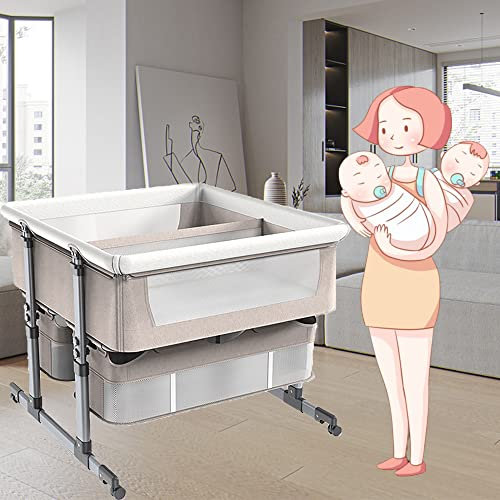 3-in-1 Stubenwagen für Zwillinge,Babybett,Beistellbett,Babywiege,Stubenwagen für Babys, Beistellbett für Babys, Reisestubenwagen für Babys, faltbar, Zwillings-Babybett mit abnehmbarem Stoffbezug ( Col
