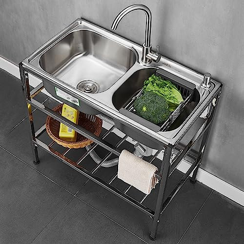 Garagenspüle Campingspüle Doppelbecken mit Wasserhahn Waschbecken für den Außenbereich Garagenspüle Gartenküche Waschbecken Wassertank aus Edelstahl