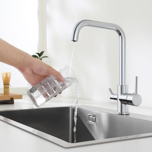KINKIBOS Chrom 3 Wege Wasserhahn Küche, Drei Wege Küchenarmatur 360° Schwenkbar, 3 in 1 Mischbatterie Küche für Osmoseanlage, Trinkwasserhahn mit 2 Hebel, Messing Spültischarmatur für Filtersysteme
