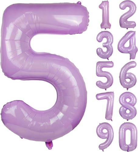 Folienballons * Macaron-Farben * als Zahlen Deko für Geburtstag und Party | XXL-Größe: 100cm | Zahl Luftballons Ballons Folienballon Ballondeko Kindergeburtstag, Edition: Lavendel-Flieder Zahl 5