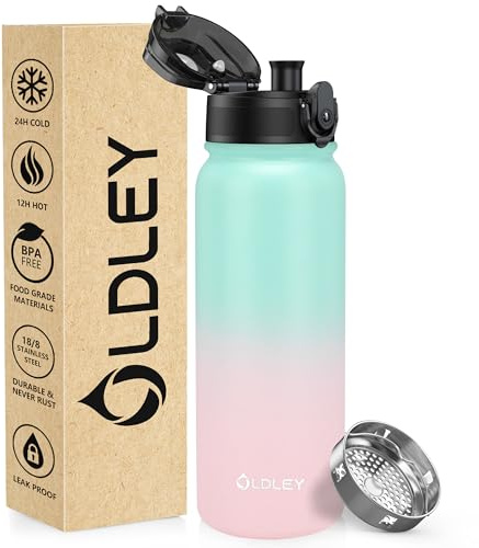 OLDLEY 600ml/20oz Edelstahl-Wasserflasche, Doppelwandige Vakuumflasche, Hält Getränke Heiß und Kalt, Auslaufsicher, BPA-frei, Metallisolierte Wasserflasche für Sport, Arbeit, Outdoor, Wandern
