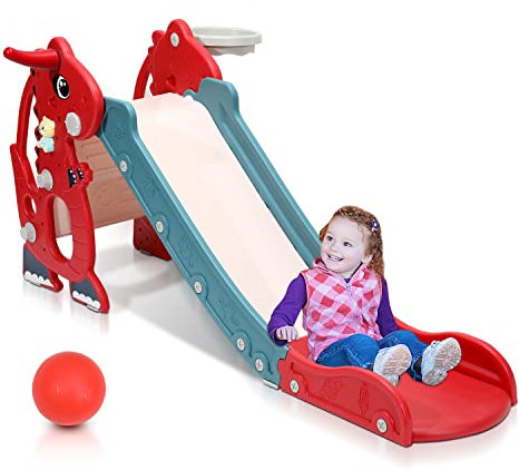 Yakimz Rutsche Kinder mit Basketballkorb und Englisch Frühbildungsgerät, Faltbar Rutschbahn Kinderrutsche, Stabil Gartenrutsche, Wellenrutsche, Kleinkinderrutsche für Indoor und Outdoor, Rot