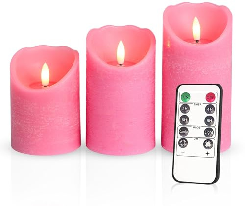 Meisterhome® 3er-Set Flammenlose LED Kerzen - Pink - Rustik Design Stumpenkerze - mit Fernbedienung – mit Timer - Batteriebetrieben – Warmweiß - 10/12,5/15 cm hoch - mit flackernder Flamme