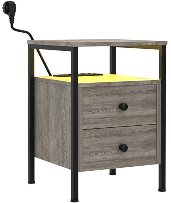 nwixbqoqn Table de Chevet, Table Basse avec Prises Électriques et Ports USB, Table d’Appoint avec 2 Tiroirs et Étagères de Rangement pour Salon, Chambre, Bureau à Domicile, Gray, 40x40x61cm