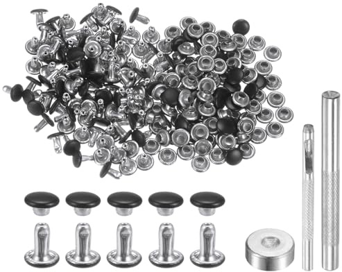 sourcing map Juego de 100 remaches de cuero de 6 mm x 6 mm, de metal de doble tapa, con 3 herramientas de ajuste, remaches para manualidades, reparación de cuero, decoración, color negro mate