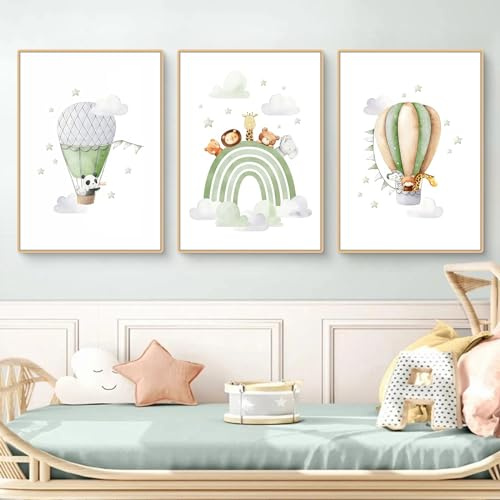 Ueiwffzo Bilder Babyzimmer Deko Poster 3er Set Regenbogen Wolke Wandbilder Kinderzimmer Deko, Boho Stil Bilder Leinwand Wandposter Kinderzimmer, Ohne Rahmen (30x40cm)