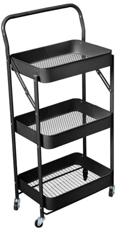 SVITA Servierwagen mit Rollen klappbar 3 Etagen mit Griff Küchenwagen klein Allzweckwagen mit Körben Rollwagen Badezimmer Regal Schwarz