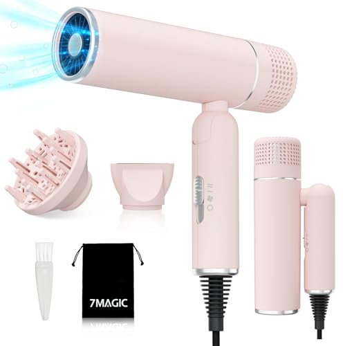 7MAGIC Travel Ionic Hair Dryer, Lightweight Foldable Blow Dryer with Diffuser for Curly Hair & Constant Temperature Care, Anti-Hair Suction Technology Hairdryers for Women, Pink