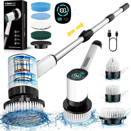Electric Bathroom Scrubbing Brush - Electric Scrubber for Cleaning with 8 Replaceable Heads - IPX7 Full-Body Waterproof Tub Scrubber with Long Handle - Electric Brush Cleaner for Bathroom
