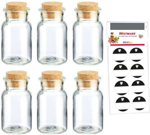 Westmark Set di Barattoli per Spezie con Tappi in Sughero, 6 pz. – Per spezie, erbe e tè – Incluse 8 etichette decorative – Trasparenti, 150 ml