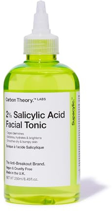 Carbon Theory Salicylic Acid Face Toner 250ml | Gently Exfoliates and Clears Pores to Reduce Breakouts and Enhance Complexion for Dry and Bumpy Skin.