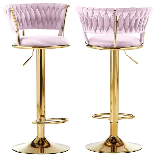 BAKAJI Set mit 2 Küchenhockern mit Samtbezug und geflochtener Rückenlehne und Verstellbarer Höhe, Barstühle, Restaurant, drehbarer Rahmen aus Gold mit Fußstütze, modernes Design (Rosa)