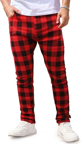 Gulots Jeans pour homme Tie Dye Casual Imprimé Slim Fit Jeans Stretch Skinny Denim Pantalon pour homme, écossais rouge, 42