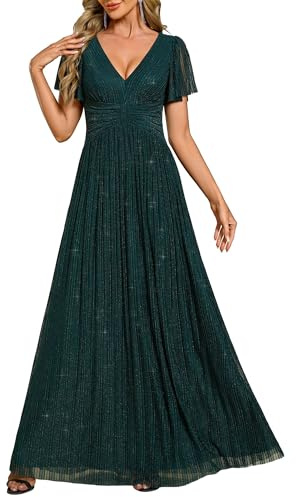 Ever-Pretty Vestito Donna Elegante Cerimonia Lungo Brillante Pieghe Maniche a Volant Stile Impero Abito da Sera Donna Teal 50