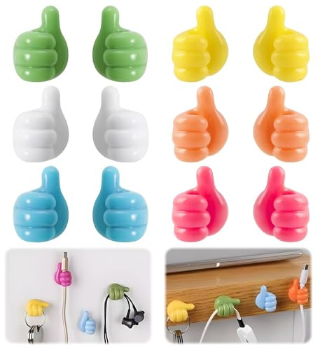 Raykce 12 pcs Adhesive Thumb Hooks, No Drill Thumb Cable Holder - Removable Thumbs up Wall Hook for Bathroom Office, Left Hand Right Hand Shape Cable Clip for USB Charging Cable Power Cord
