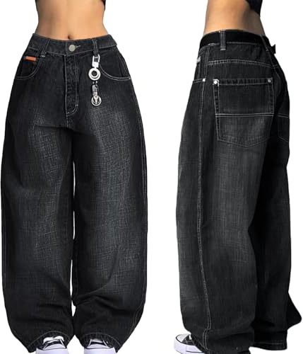 EMMIOL Damen Boyfriends Hip Hop 90er Jahre Vintage Baggy Jeans Loose Denim Hose Mid-Low Waist Jeans, Schwarz-166, S