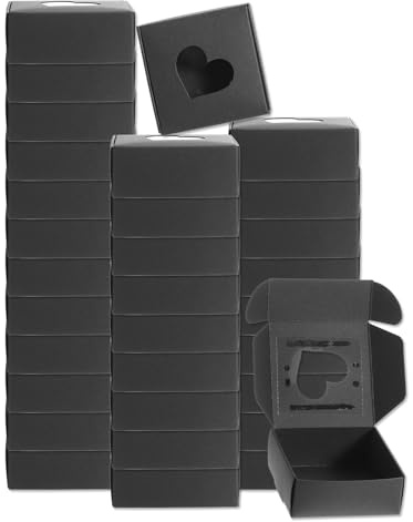 QUARKZMAN 32 Stück Seifenverpackungsschachteln 3x3x1,2 Zoll Kraftseifenschachtel mit Fenster geschenkschachtel für Backwaren Süßigkeitenverpackung Schmuckdisplay (Herzform, Schwarz)