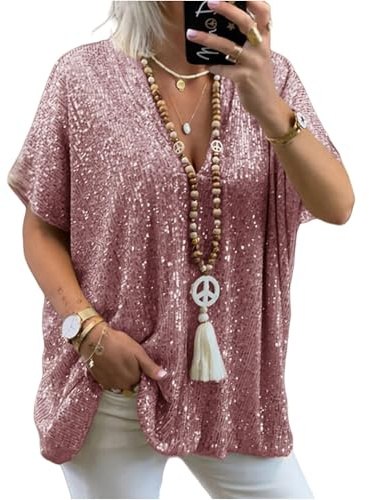 Asoodiy Damen-Pailletten-Top, glitzernd, V-Ausschnitt, kurzärmelig, Glitzer-Oberteil, Party, Club, Blusen, lockere Passform
